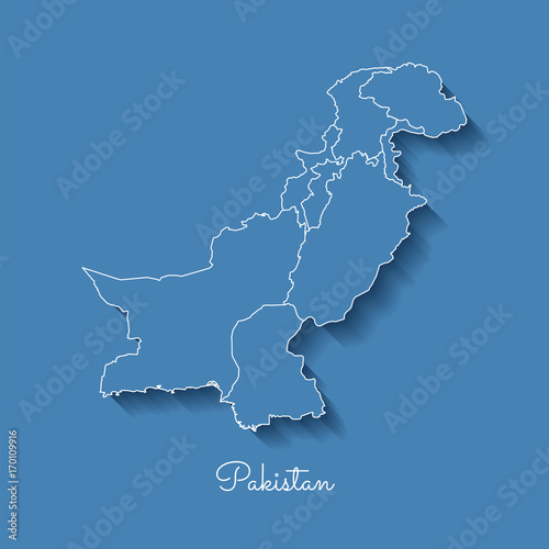 Pakistan region map: blue with white outline and shadow on blue background. Detailed map of Pakistan regions. Vector illustration.