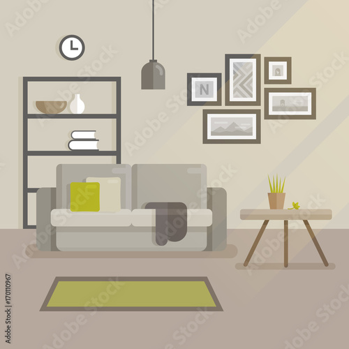 Scandinavian interior design flat illustration. Modern minimal room interior. Sofa with pillows, set of pictures on the wall, bed table with a flowerpot