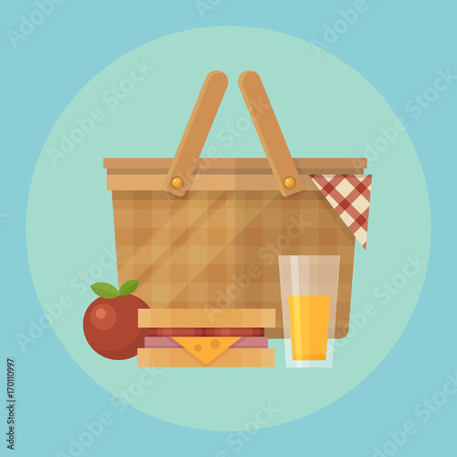 Picnic basket and food flat illustration. Apple, blanket, sandwich and a glass of juice