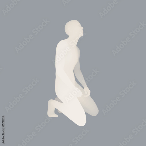 Man kneeling and praying to God. 3D Human Body Model. Design Element. Vector Illustration.