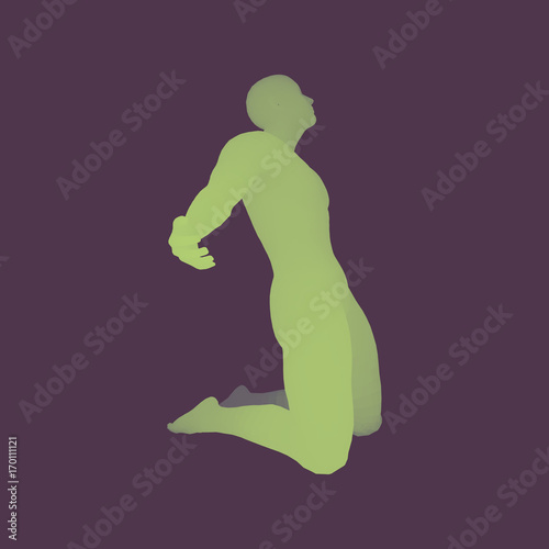 Man kneeling and praying to God. 3D Human Body Model. Design Element. Vector Illustration.