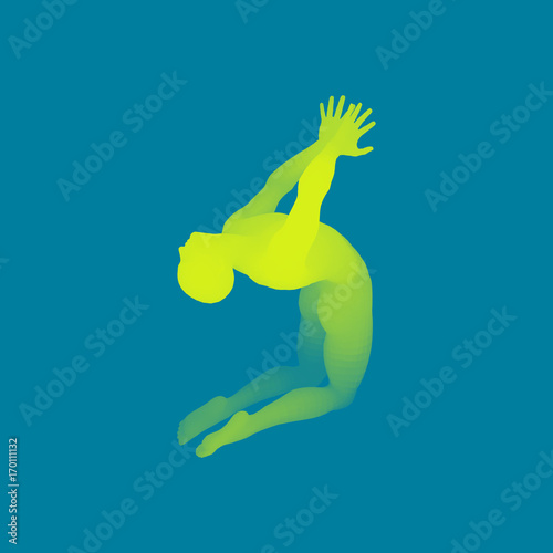 The dancer performs a dance on his knees. Silhouette of a Dancer. 3D Model of Man. Human Body. Sport Symbol. Design Element. Vector Illustration.