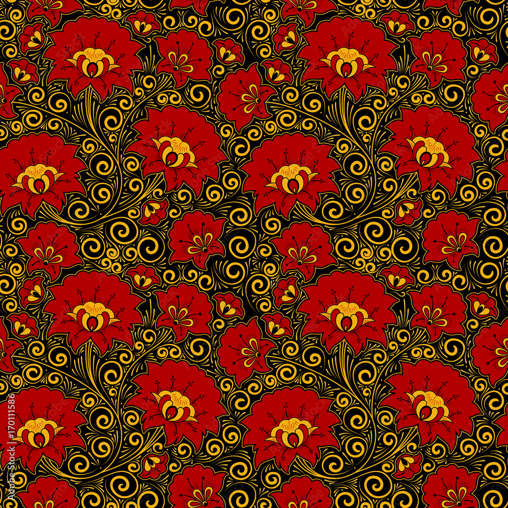 Russian khokloma pattern seamless vector. Ethnic style embroidery flower  ornament. Traditional floral background for fabric, wallpaper, souvenir  card, home textile, tablecloth and folk craft design. Stock Vector | Adobe  Stock