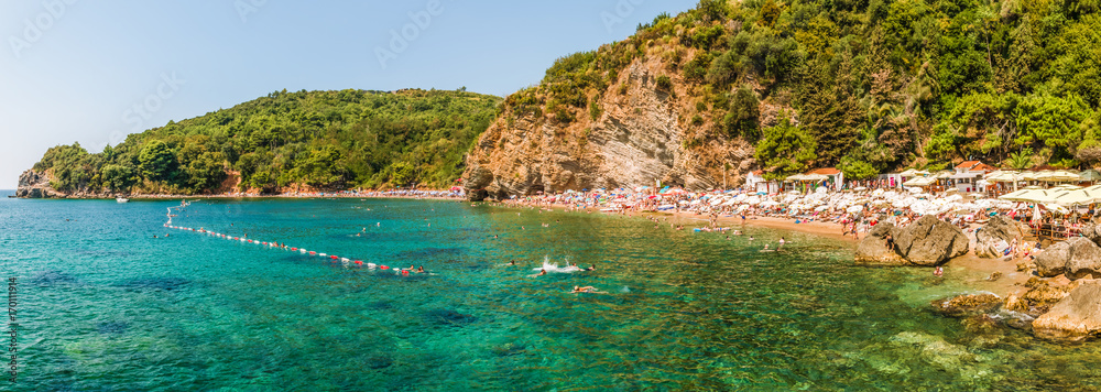 Panorama of Mogren beach in Budva, Montenegro.