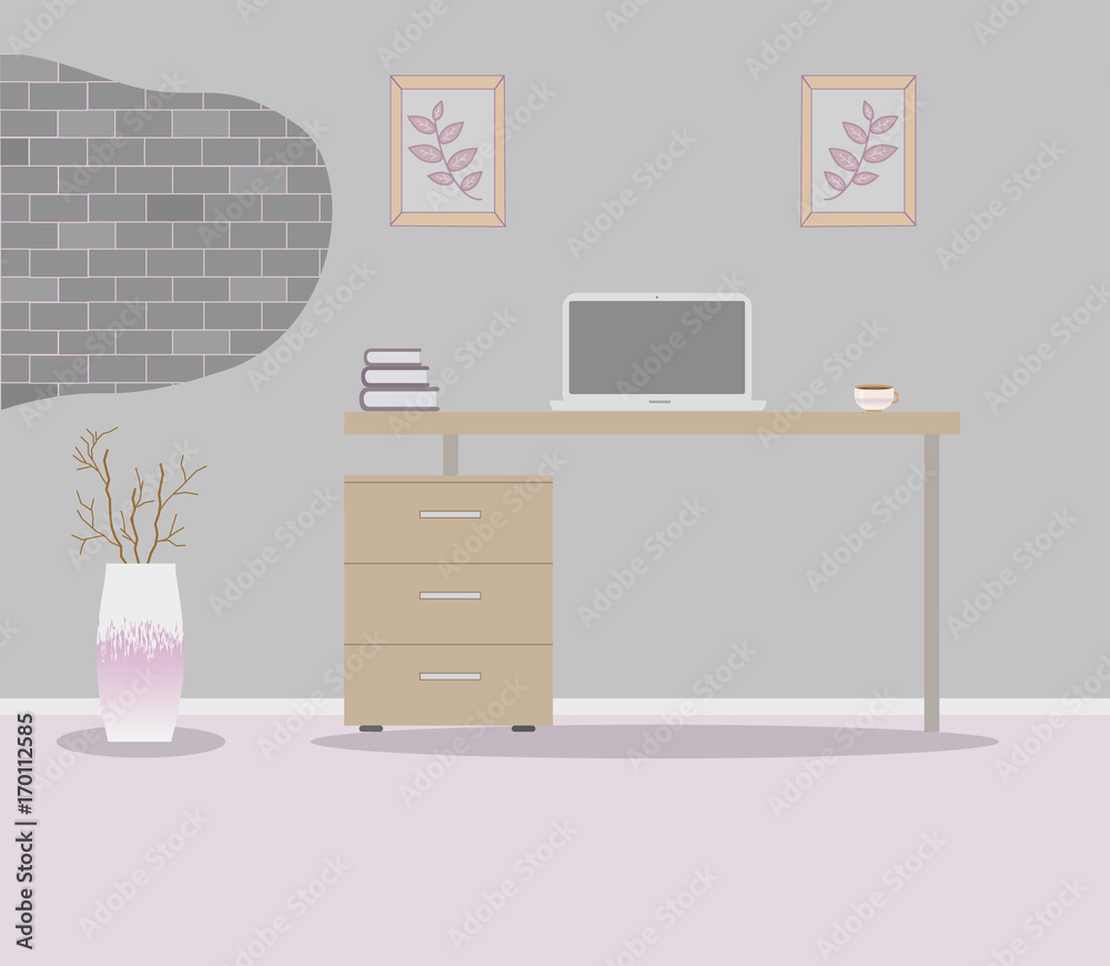 Office in loft style on a gray background. Vector illustration Table with drawers,decorative branches in a beautiful vase floor, cute paintings.Cup with coffee,laptop,books. Office in loft style on a gray background. Vector illustration Table with drawers,decorative branches in a beautiful vase floor, cute paintings.Cup with coffee,laptop,books.
