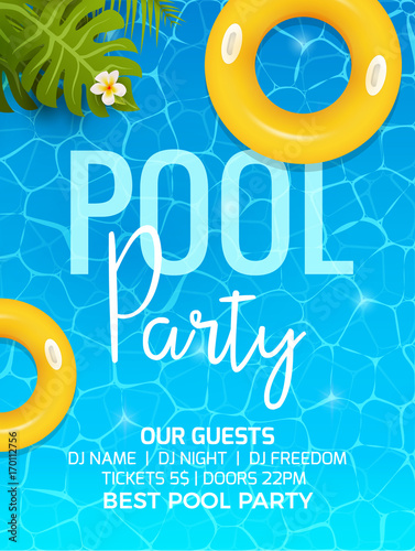 Pool summer party invitation template invitation. Pool party invitation with palm. Poster or flyer vector design