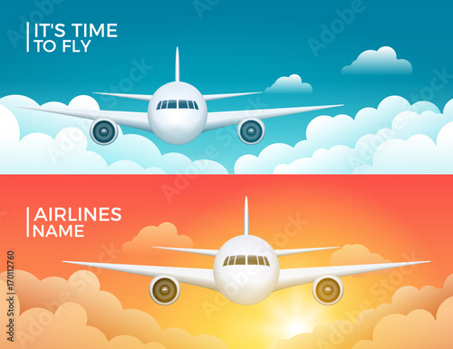 Travel airplane tourism vector banner design. World trip vacation background. Aircraft illustration