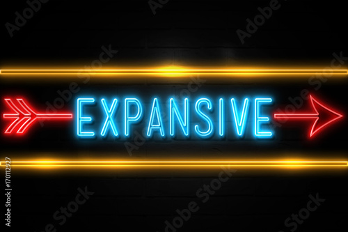 Expansive  - fluorescent Neon Sign on brickwall Front view