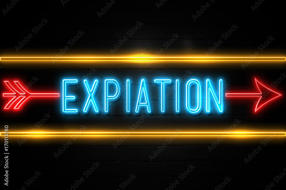 Expiation  - fluorescent Neon Sign on brickwall Front view