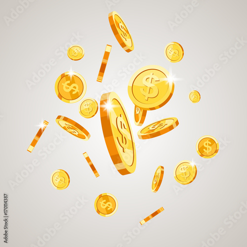Gold coins falling down. Isolated on white background. Vector illustration