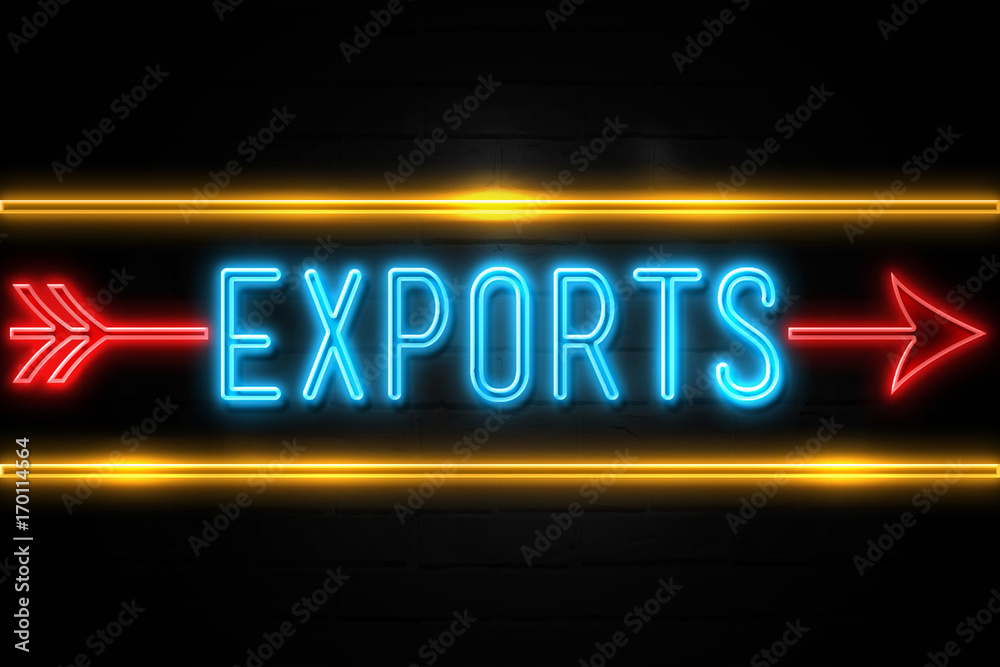 Exports  - fluorescent Neon Sign on brickwall Front view