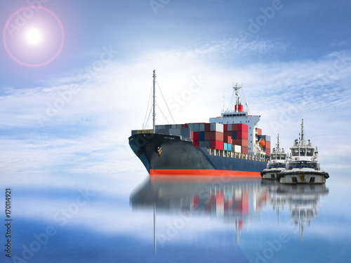 ship with container vessel go to international terminal port with throughput Capacity import export goods Far Eastern Freight Conferenceto client concept worker team of business.