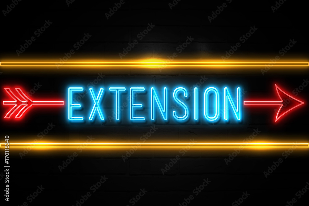 Obraz premium Extension - fluorescent Neon Sign on brickwall Front view
