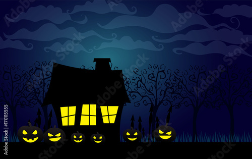 lonely house in the middle of the forest. halloween pumpkin