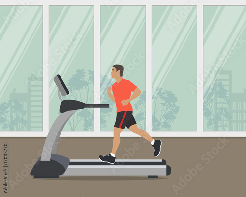 Young man in a sporty uniform is running on a treadmill on a window background. Vector illustration.