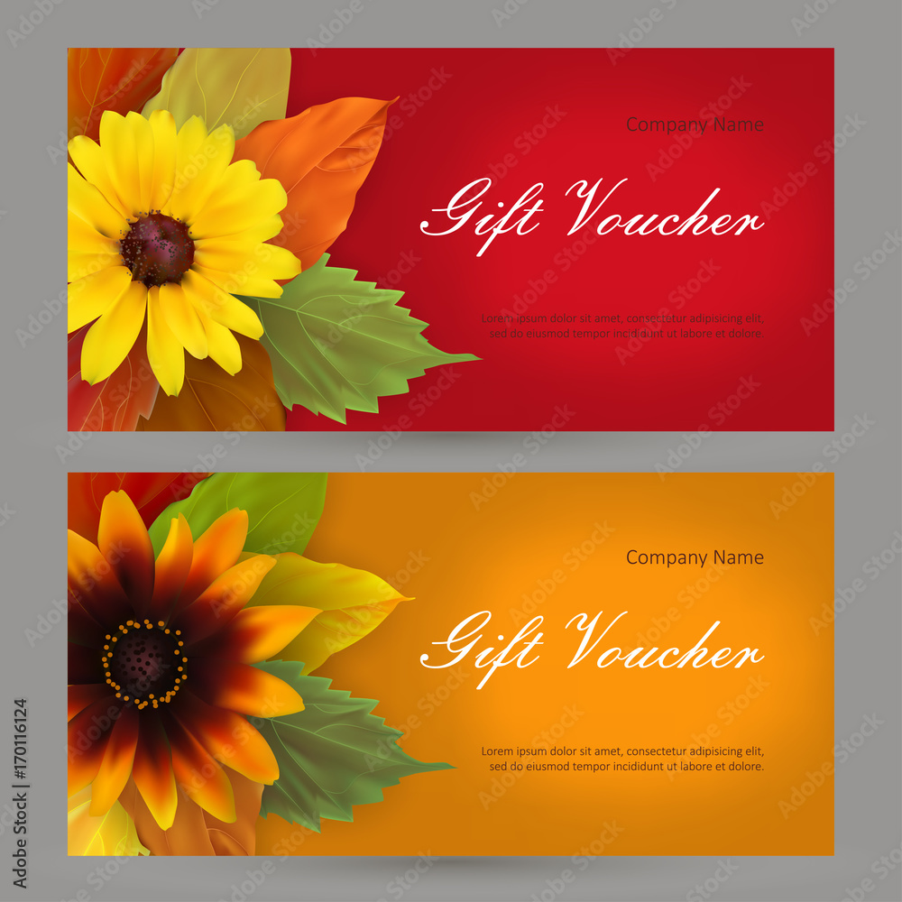 Set gift horizontal voucher autumn template. Autumn leaves and flowers.  Concept of boutique, jewelry, flower shop, beauty salon, spa, fashion,  flyer, banner, business card Stock Vector | Adobe Stock