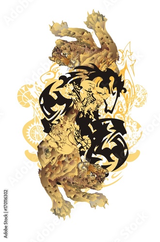 Grunge imagined symbol. Tribal eagle-horse head symbol against the background of the textured leopards