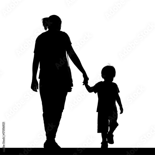 Silhouette of a mother holding her son isolated on white background