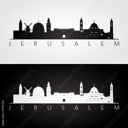 Jerusalem skyline and landmarks silhouette, black and white design, vector illustration.
