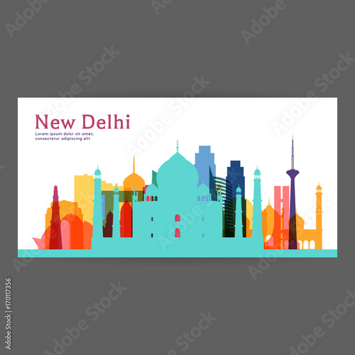 New Delhi colorful architecture vector illustration, skyline city silhouette, skyscraper, flat design.