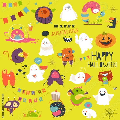 Funny cartoon ghosts and monsters halloween