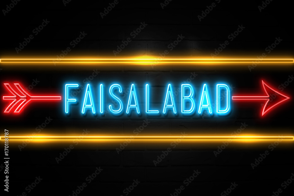 Faisalabad  - fluorescent Neon Sign on brickwall Front view