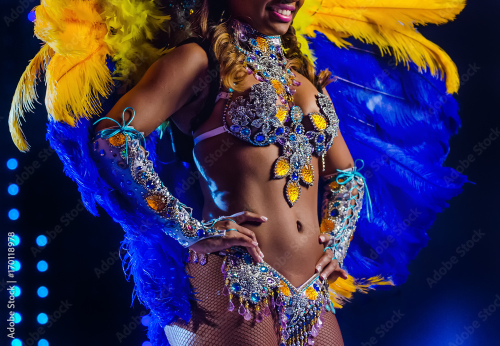 Foto Stock Beautiful bright colorful carnival costume illuminated stage  background. Samba dancer hips carnival costume bikini feathers rhinestones  close up. | Adobe Stock