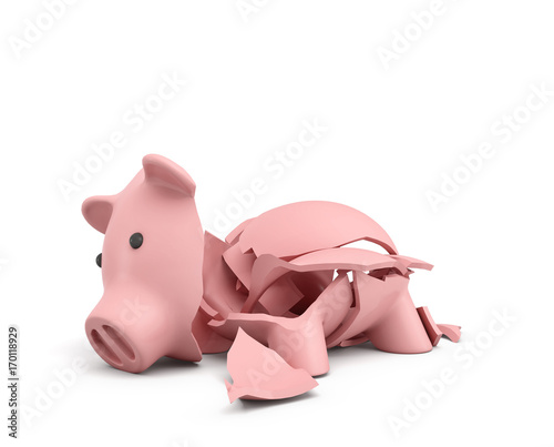 Canvastavla 3d rendering of a pink ceramic piggy bank completely broken up into several large pieces