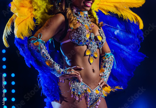Beautiful bright colorful carnival costume illuminated stage background. Samba dancer hips carnival costume bikini feathers rhinestones close up.