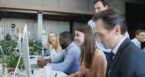 Businessman Giving Business People Working On Computers New Plan, Businesspeople Team Talking Discuss Reports Slow Motion 60