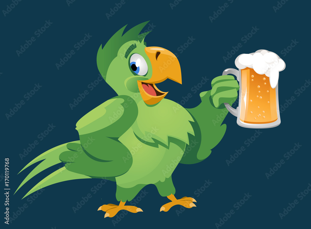 Funny parrot giving a toast with a mug of beer. Oktoberfest Party or just a weekend. On dark background. Cartoon styled vector illustration. No transparent objects. 