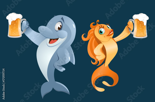 A goldfish and a dolphin giving a toast with a mug of beer. Oktoberfest Party or just a weekend. Cartoon styled vector illustration. Elements is grouped. On dark background 