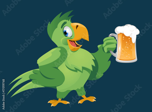 Funny parrot giving a toast with a mug of beer. Oktoberfest Party or just a weekend. On dark background. Cartoon styled vector illustration. No transparent objects. 