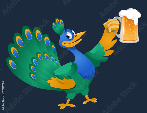 Funny peacock giving a toast with a mug of beer. Oktoberfest Party or just a weekend. On dark background. Cartoon styled vector illustration. No transparent objects. 