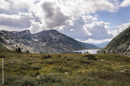 Daylight landscape, view on mountains and lake, Ergaki