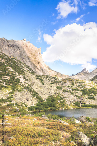 Daylight landscape, view on mountains and lake, Ergaki