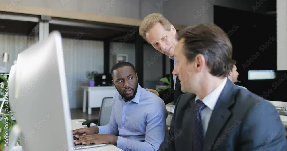Businessman Come To Business People Using Computers To Check Work Or Explain Idea, Businesspeople With Leader Discussing Strategy Slow Motion 60 Businessman Come To Business People Using Computers To Check Work Or Explain Idea, Businesspeople With Leader Discussing Strategy Slow Motion 60