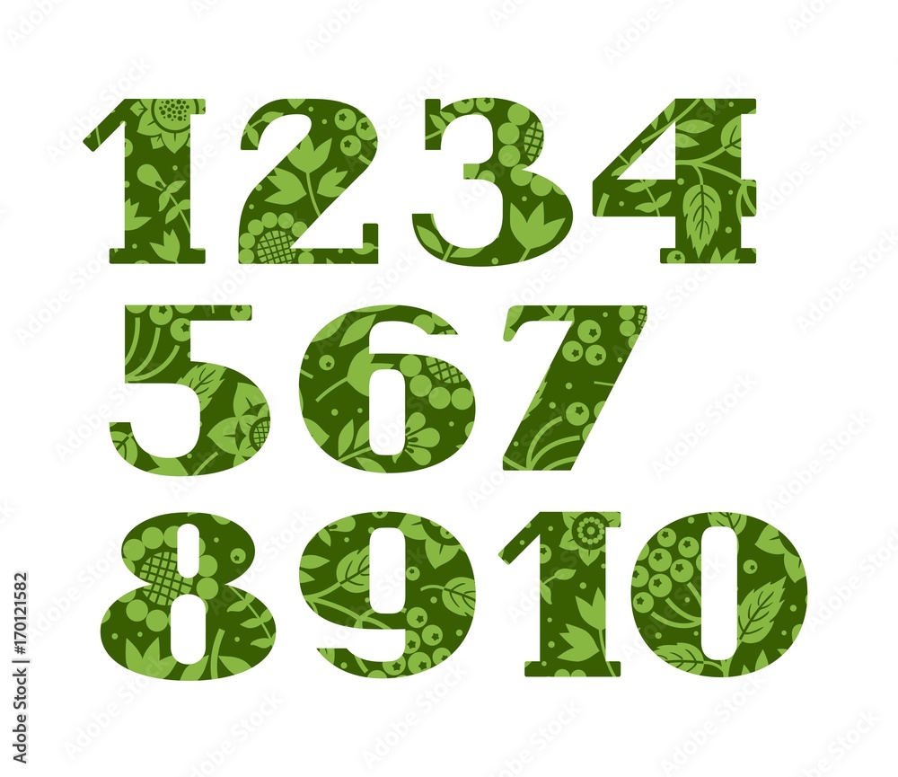 Numbers, green berries and grass, vector. Figures with serifs. Green twigs with berries and herbs on a dark green background. Numbers, green berries and grass, vector. Figures with serifs. Green twigs with berries and herbs on a dark green background.