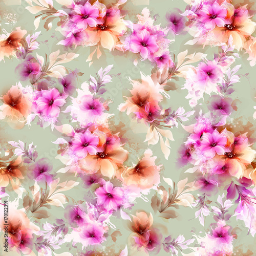 Seamless pattern with pink and gray abstract flowers and decorative elements on on the light green-gray background