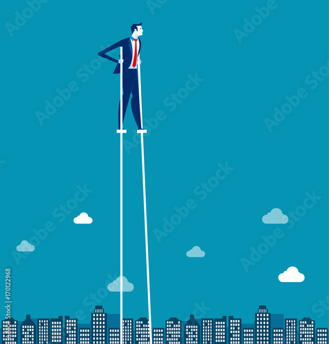 Businessman on stilts walking above city. Concept business vector illustration.