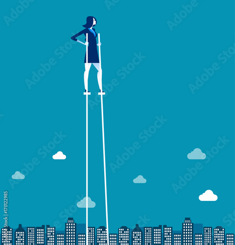 Businesswoman on stilts walking above city. Concept business vector illustration.