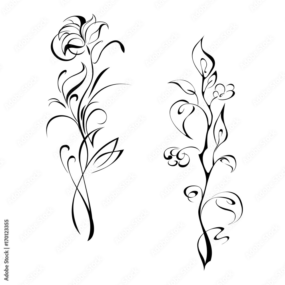 ornament 92. two stylized flower in black lines on a white background
