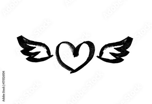 Heart with wings. Love symbol. Ink hand drawn lettering. Grunge vector calligraphy. Tattoo template