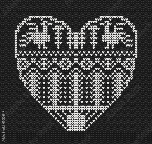 Template with stylized heart in rural style. Vector black and white cartoon for embroidery, knitting. St. Valentine love card
