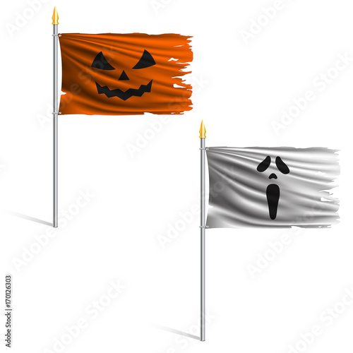The orange and white flag of Halloween on a pole. The wavy fabric. The sign and symbol of the Happy Halloween. Scream and smile emotion.