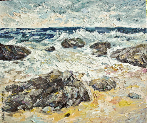 Stormy sea and rock beach oil painting texture closeup.