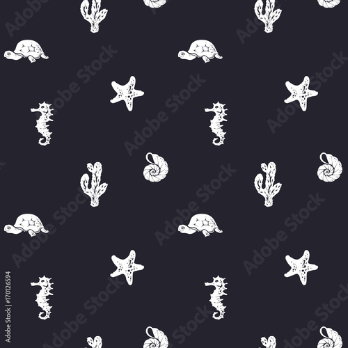 Simple White on Black Seamless Vector Pattern on Exotical Flora and Fauna