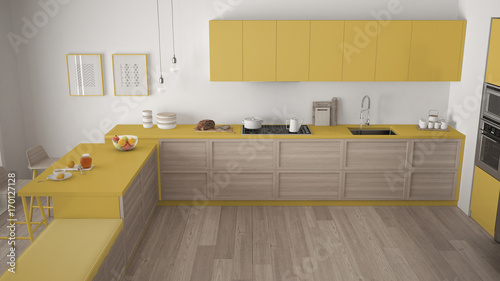 Modern kitchen with wooden details and parquet floor  minimalist white and yellow interior design  top view