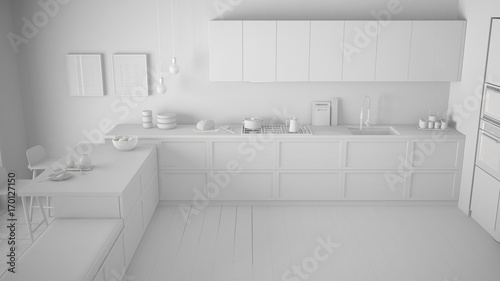 Total white project of classic kitchen with parquet floor, minimalist interior design, top view