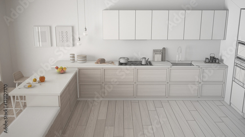 Unfinished project of classic kitchen with wooden details and parquet floor, minimalist white interior design, top view